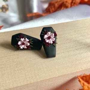 Fall Burgundy Light Pink Green Floral Black Coffin Casket Earring Stud with Silver // CLIP ONS AVAILABLE