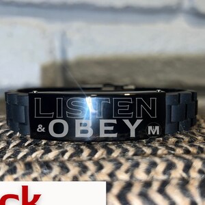Men's Black Adjustable Bracelet Engraved with Listen & Obey For Christian Man | Manly Gift Ideas | by Manly Man | Glidelock Clasp
