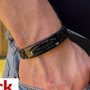 MANLY MAN Men's Black Bracelet / Adjustable Bracelet Engraved w/ "Make It Home Safe-You Are Needed" & a Police Badge for Manly Gift