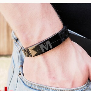 Men's Adjustable Black Bracelet - Glidelock Clasp / Adjustable Bracelet Engraved w/ Manly Man Logo for  Manly Manly Gift Idea