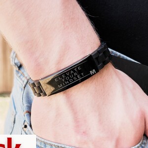 MANLY MAN Men's Black Bracelet / Adjustable Bracelet Engraved With "Elevate Your Mindset" for Manly Manly Gift Ideas