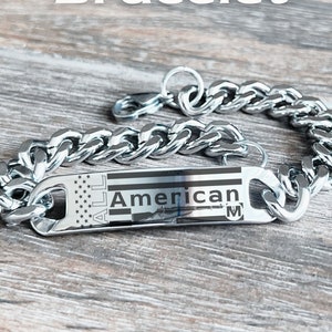 Men's Stainless Steel Cuban Chain Adjustable Bracelet Engraved with "All American", Flag, & Rifle | Manly Gift Idea | by MANLY MAN