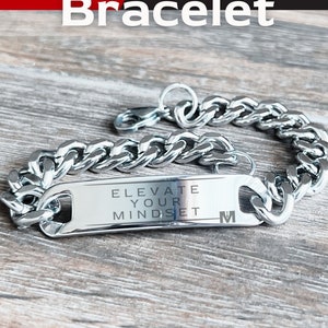 Men's Stainless Steel Cuban Chain Adjustable Bracelet Laser-Engraved w/ "Elevate Your Mindset" for Manly Gift Idea | by MANLY MAN