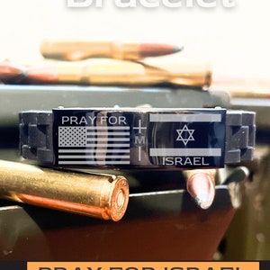 Black Adjustable Bracelet Engraved with "PRAY FOR ISRAEL" w/ American & Israeli Flags for Manly Gift Idea | by Manly Man