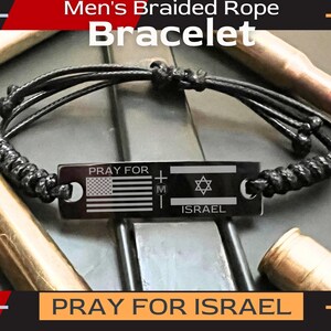 Unisex Black String Adjustable Bracelet Engraved with "PRAY FOR ISRAEL" w/ American & Israeli Flags | Manly Gift Idea | by Manly Man