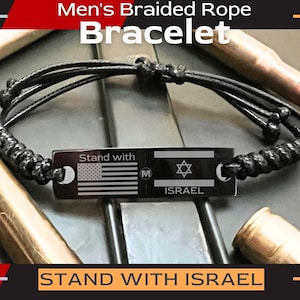 Unisex Black String Adjustable Bracelet Engraved with "Stand with Israel" w/ American & Israeli Flags | Manly Gift Idea by MANLY MAN