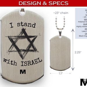 Men's Stainless Steel Dog Tag Necklace Engraved w/ "I Stand with Israel" & the Star of David for Manly Gift Idea | Includes Chain