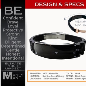 MANLY MAN Men's Black Bracelet / Adjustable Bracelet Engraved With Positive Masculine Character Traits For Men & Manly Manly Gift