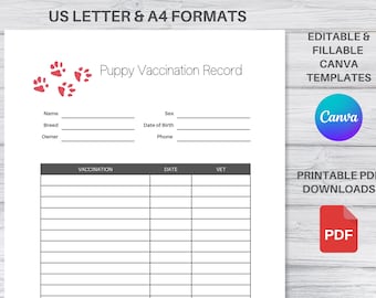 Printable Puppy Vaccination Record | Puppy Shot Record | Dog Breeder Records | Dog Vaccination Records | Puppy Health Record