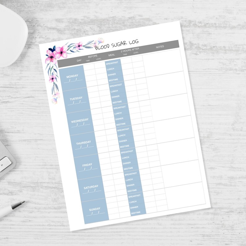 Blood Sugar Log Printable Chart for Diabetes Management Health Tracker Printable Glucose Log
