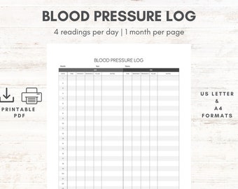 Daily Blood Pressure Log | Printable Blood Pressure Chart for Health and Wellbeing | Health Tracker in US Letter and A4 Formats