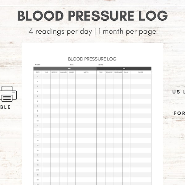 Tägliches Blutdrucktagebuch | Druckbare Blutdrucktabelle für Gesundheit und Wohlbefinden | Health Tracker in den Formaten US Letter und A4