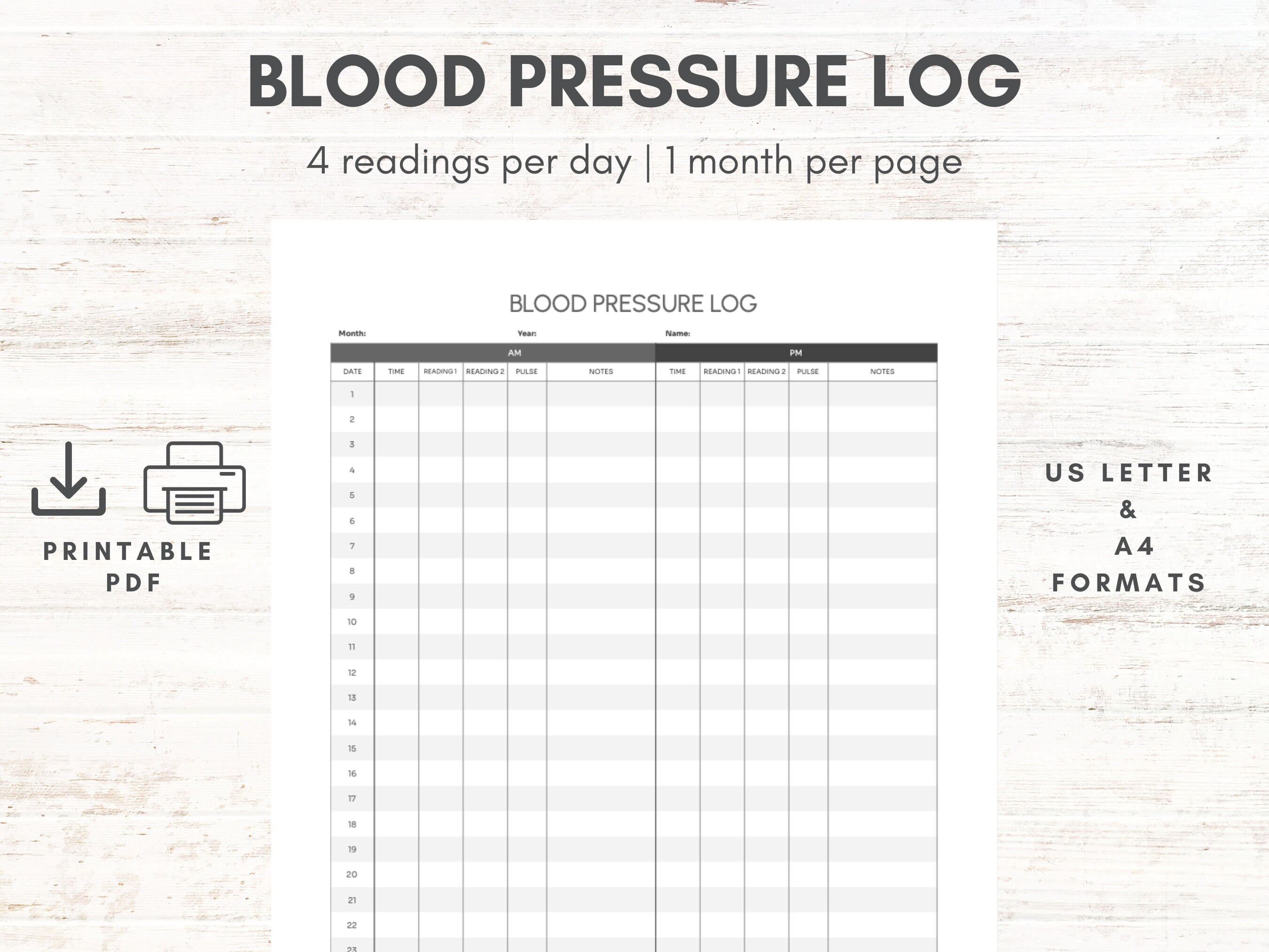 Printable Blood Pressure Log Medical Tracker Blood Pressure Tracker