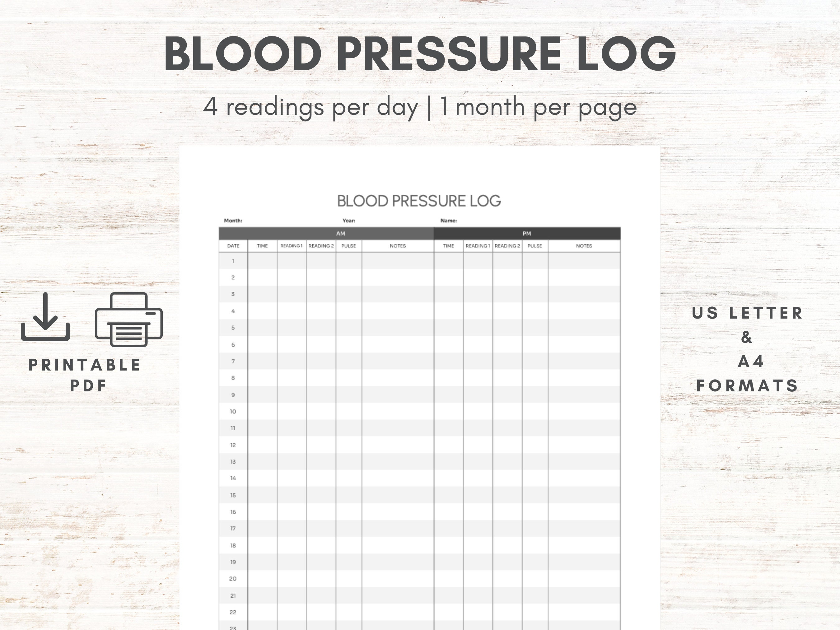 Printable Blood Pressure Log Medical Tracker Blood Pressure Tracker