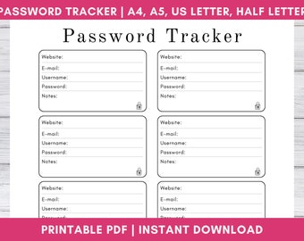 Password Tracker Printable | Password Keeper, Password Book | Password Tracking, Password Template | Password Organizer, Password Planner