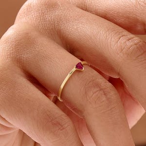 14K Solid Gold Triangle Ruby Ring for Women, Dainty Minimalist Pinky Ring, July Birthstone Gift, Ruby Stacking Ring for Her Jewelry