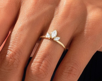 Diamond Lotus Engagement Ring, 14k Solid Gold Three Stone Promise Ring, Unique Marquise Trilogy Ring, Nature Inspired Wedding Ring Enhancer