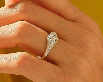 Round Diamond Solo Dome Ring | Low Dome Signet Ring | Ladies Bubble Pinky Ring in 14k 18k 10k Solid Gold | Pave Statement Ring by Dia Fine