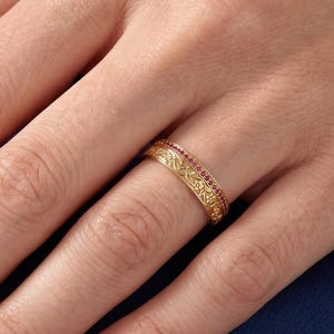 14K Solid Gold Lab Created Ruby Wedding Band, Vintage Filigree Ring, Floral Engraved Gold Band, Antique Style Ruby Ring, Anniversary Band