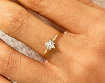 Diamant Marquise Verlobungsring, 14k Gold kleiner Solitärring, Massivgold akzentuierter Jahrestagsring Frauen, zierlicher Versprechensvorschlagsring