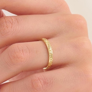 14K Solid Gold Minimalist Engraved Gold Ring, Thin Real Gold Stackable Band, Dainty Floral Pattern Ring, Unique Everyday Band, Gift For Her