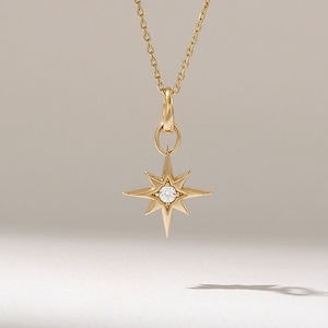 Diamond North Star Necklace | Unique Celestial Pendant Necklace | 14k Solid Gold Star Pendant | Womens Dainty Compass Necklace