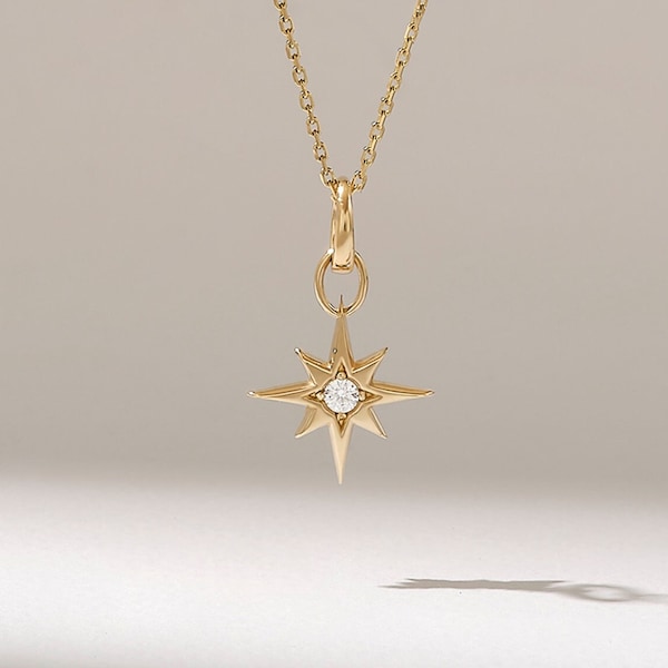 Diamond North Star Necklace | Unique Celestial Pendant Necklace | 14k Solid Gold Star Pendant | Womens Dainty Compass Necklace