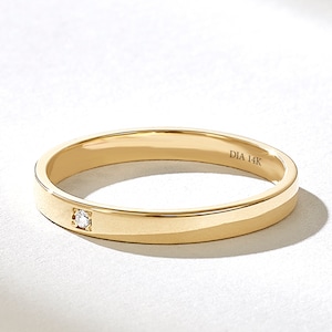 14k Solid Gold Solo Diamond Wedding Band, 2.5mm Flat Bezel Ring for Women, Minimalist Anniversary Ring, Classic Matching Bridal Jewelry