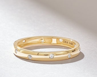 Alianza de boda con diamantes para mujer, anillo de eternidad de oro macizo, anillo de matrimonio con diamantes engastados en bisel, alianza apilable de diamantes, anillo de oro de 14k, alianza apilable