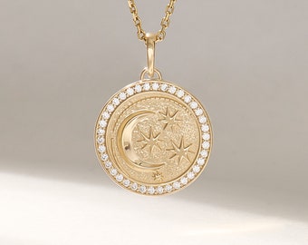 Moon & Stars Circle Charm Necklace, 14k Solid Yellow Gold Coin Pendant, Pave Real Diamond Disc Necklace, Crescent Moon Celestial Jewelry