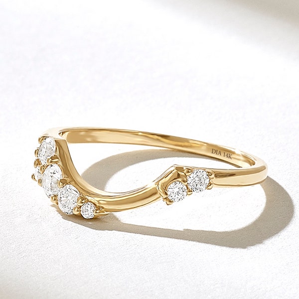 14k Solid Gold Diamond Curved Wedding Band, Asymmetrical Cluster Enhancer Ring for Women, Contour Engagement Stack Jewelry Gift