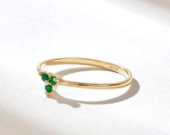 Minimalist Emerald Ring, Womens 14k Solid Gold Tiny Engagement Ring, Green Gemstone Ring, May Birthstone Band