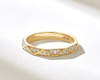 14k Solid Gold Pavé Diamond Triangle Eternity Band, Geometric Stackable Wedding Ring for Women, Dainty Fine Gold Jewelry Gift