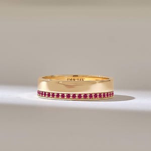 14k Solid Gold Ruby Wedding Band | One Side Pave Eternity Ring | Thick Flat Comfort Fit Jewelry