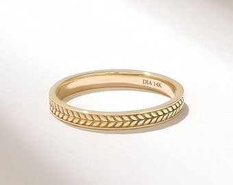 Solid Gold Wedding Band, Wheat Marriage Ring, 14k Gold Engraved Band, Stacking Wedding Ring, Floral Wedding Band, Leaf Alliance Ring