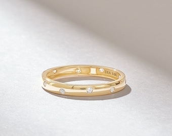 14K massivt guld alliansring, infälld diamantring, minimalistisk kupolformad stationsring, unik modern unisex löftering