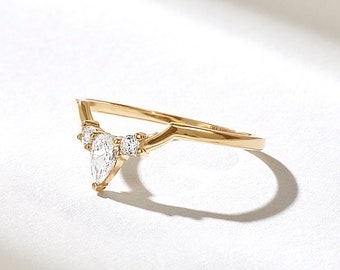 14K Solid Gold Pear Diamond Wedding Band Ring, Minimalist Lab Created Diamond Stacker Ring, Curved Bridal Ring Enhancer, Gift For Her