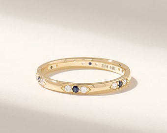 天然サファイアダイヤモンドリング、14Kソリッドゴールド結婚指輪（女性用）、小さなダイヤモンド重ね付けリング、繊細なゴールドリング、ミニマルな結婚指輪