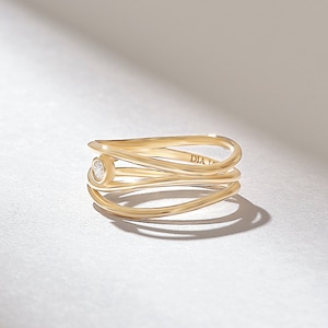 14k Solid Gold Diamond Wave Ring for Women, Dainty Abstract Statement Band, Bezel Set Designer Jewelry, Unique Gift Pointer Finger Ring