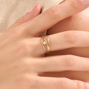 14Kソリッドゴールドダイヤモンドウェーブリング、女性用、上品なアブストラクトステートメントバンド、ベゼルセットデザイナージュエリー、ユニークなギフトポインターフィンガーリング