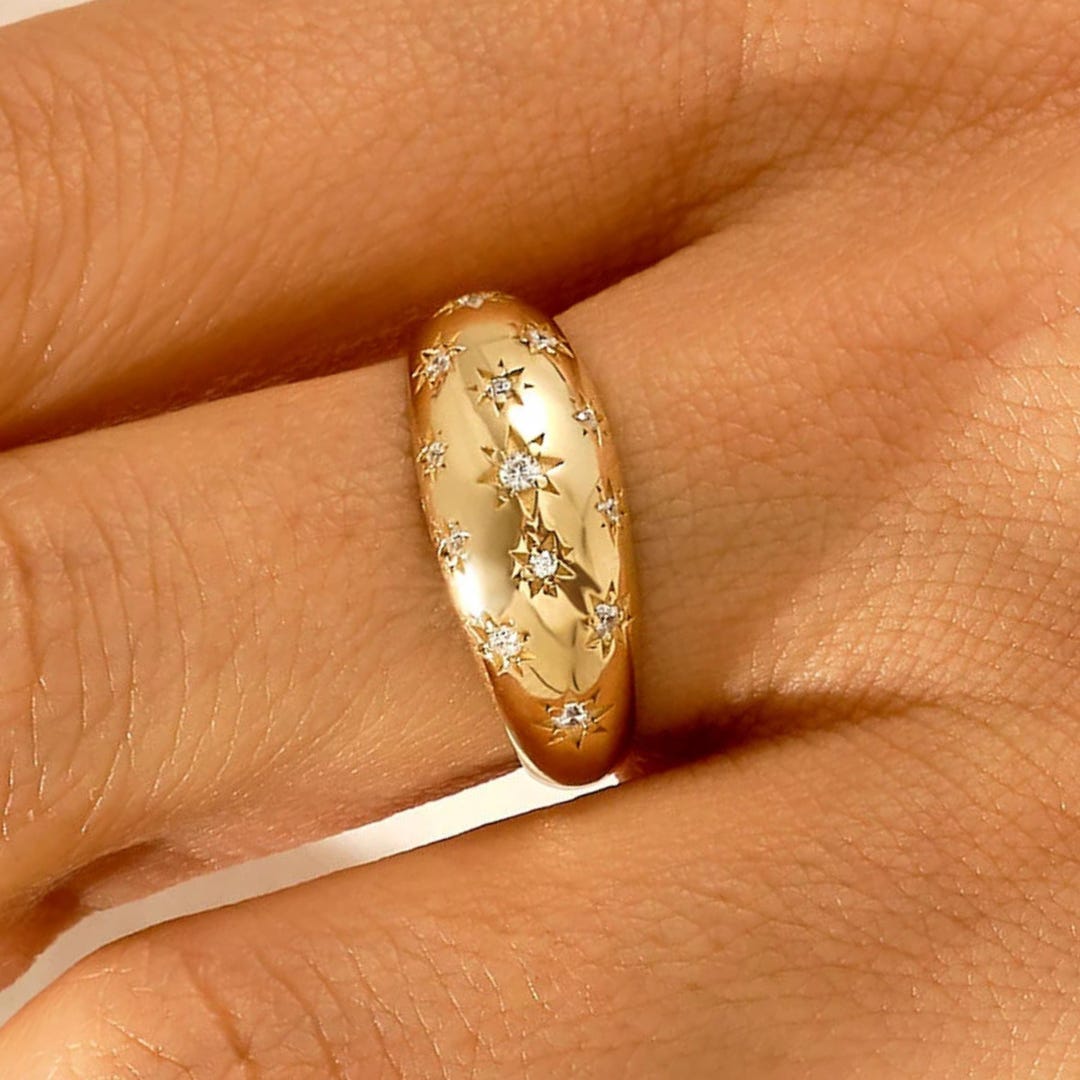 Anillo de oro macizo de 14 k con forma de estrella y cúpula