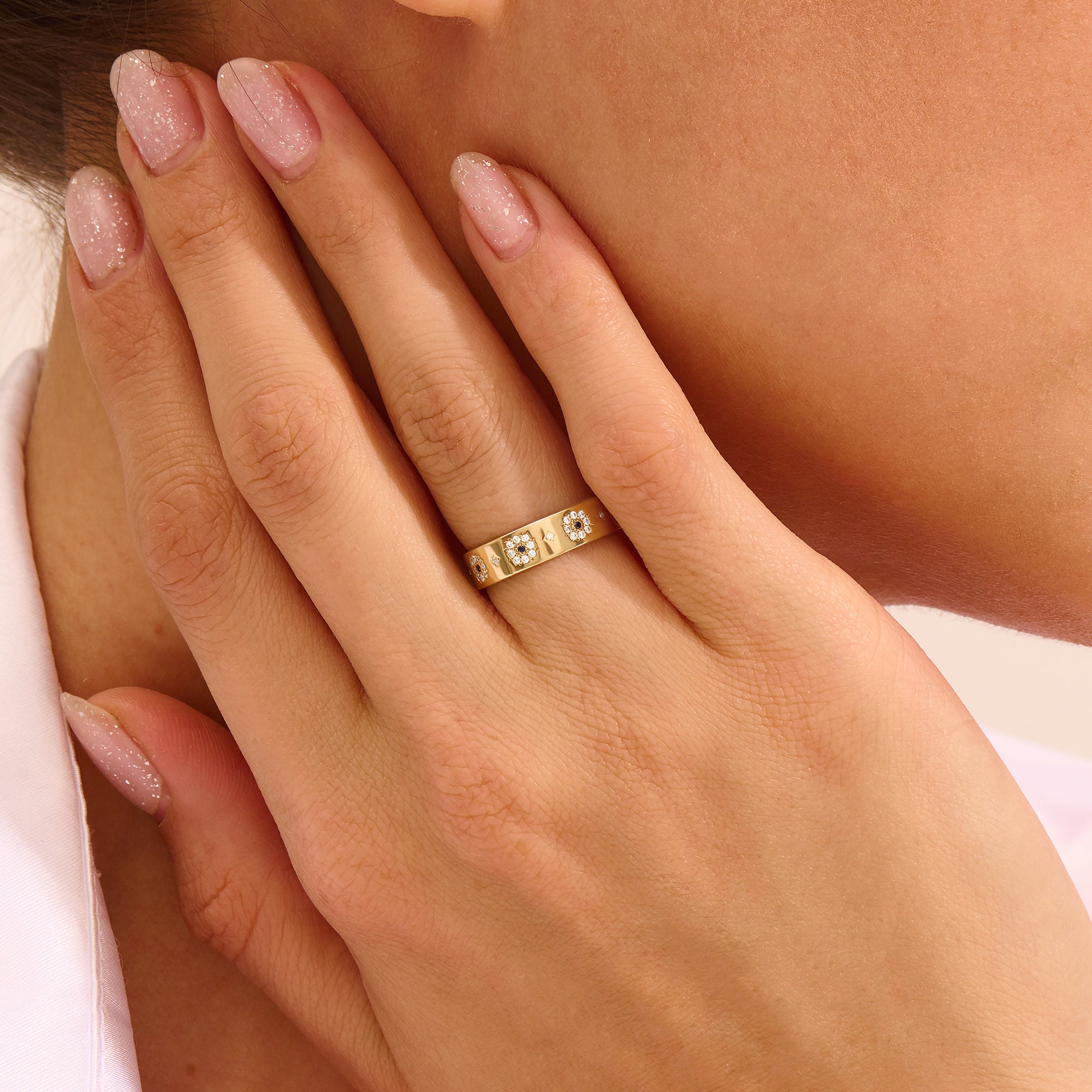 Sapphire Flower Band, Floral Wedding Ring, Solid Nature Alliance Ring for Women, Genuine Diamond Sapphire Ring,Thick Band Ring
