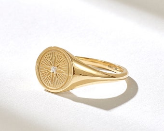 14k Gold Compass Signet Ring , Solid Gold Round Celestial Ring, North Star Pinky Ring Women, Tiny Diamond Flat Top Starburst Ring