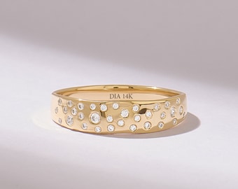 Scattered Diamond Band Dome Wedding Ring 14k Gold Solid Thick Marriage Ring Pave Diamond Cigar Band Unique Wedding Ring for Women Ring Gift