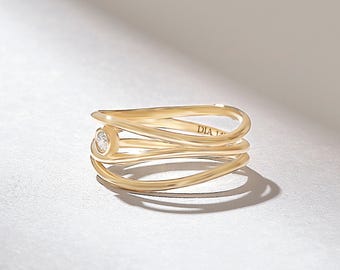 14k Solid Gold Diamond Wave Ring for Women, Dainty Abstract Statement Band, Bezel Set Designer Jewelry, Unique Gift Pointer Finger Ring
