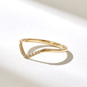 Curve Wedding Band, Solid Gold Stacking Ring Enhancer, Minimalist Chevron Ring for Women Thin Engagement Stacker, Pave Diamond Ring