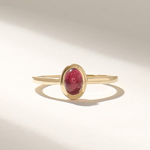 14k Solid Gold Red Tourmaline Solitaire Ring, Bezel Set Gemstone Pinky or Promise Ring, Dainty October Birthstone Gift Jewelry