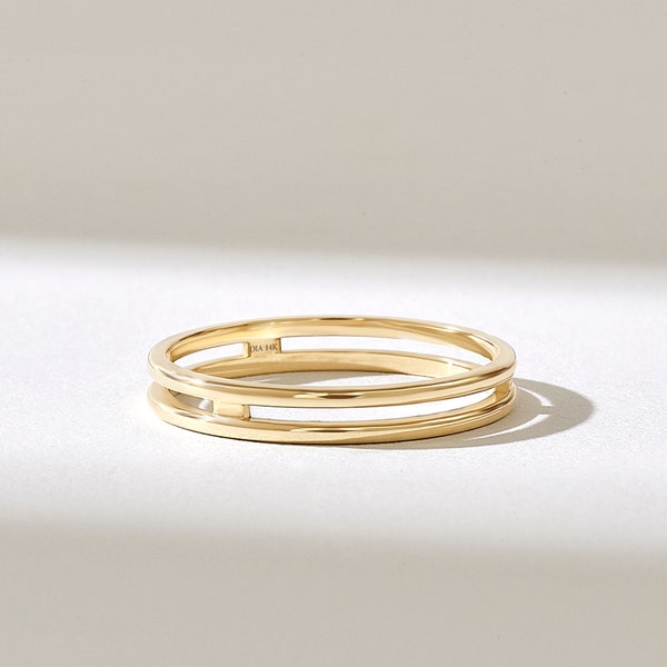 14k Solid Gold Double Row Wedding Band for Women, Minimalist 3mm Gold Ring, Simple Bridal Anniversary Band, Modern Matching Ring for Her