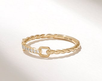 Link Ring | 14k 18k 10k Solid Gold Diamond Stacking Ring | Dainty Twist Rope Ring | Real Diamond Chain Ring | Tiny Diamond Wedding Ring Gold