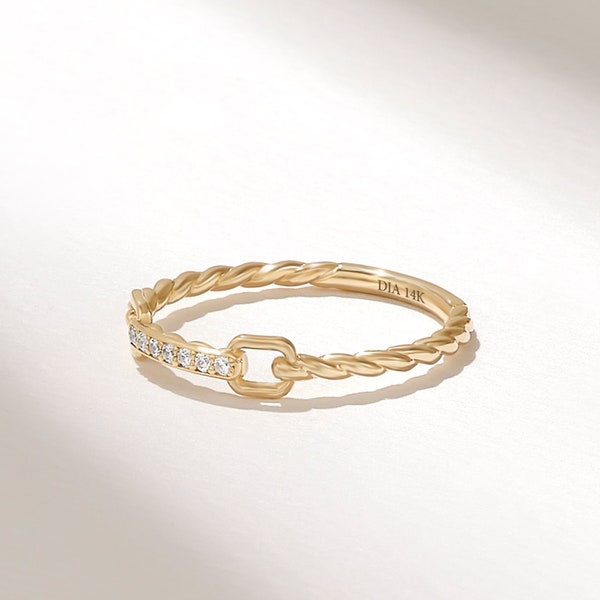 Link Ring | 14k 18k 10k Solid Gold Diamond Stacking Ring | Dainty Twist Rope Ring | Real Diamond Chain Ring | Tiny Diamond Wedding Ring Gold